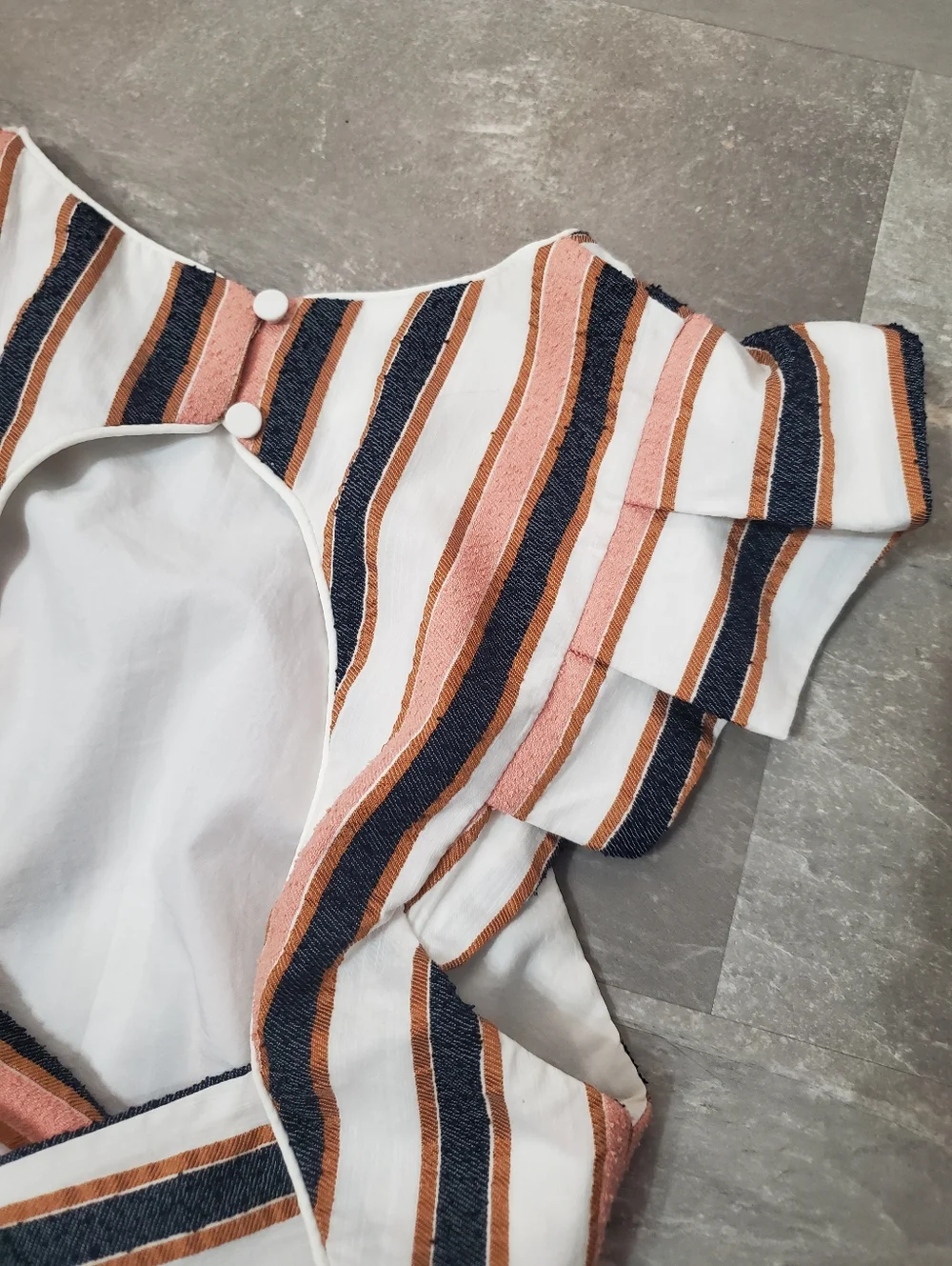 Adelyn Rae Striped Ruffle Open-Back Tie-Front Crop Top in Pink, Navy & White. S. - Picture 5 of 9